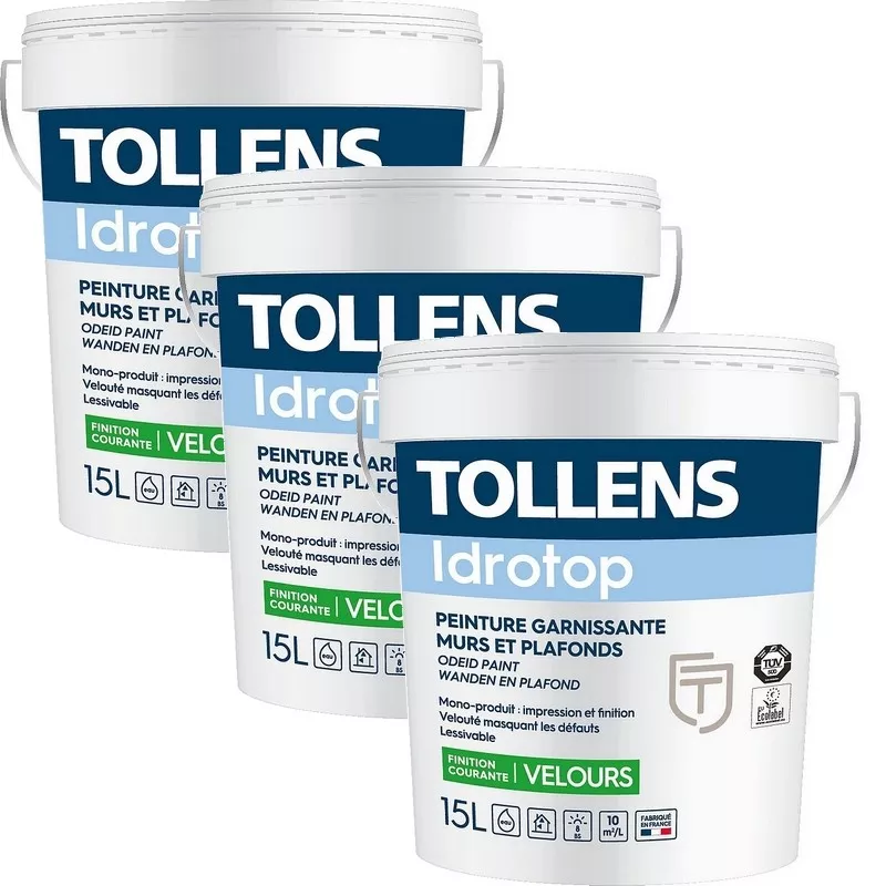 Pack de 3 peintures TOLLENS Idrotop Velours BLANC 15L Pack de 3 peintures TOLLENS Idrotop Velours BLANC 15L