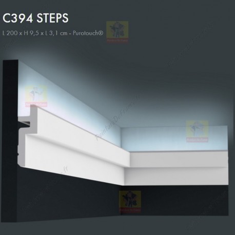 Corniche ORAC C394 STEPS actuel et épuré ,l'angle biseauté confère une subtile ligne d'ombre éclairage plafond