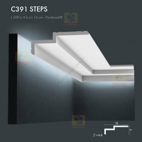 Corniche ORAC C391 STEPS profil moderne et épuré, les angles biseautés assurent une subtile ligne d'ombre éclairage