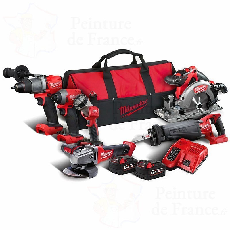 Coffret 6 outils MILWAUKEE M18 perceuse à percussion, scie circulaire,  meuleuse d'angle, scie sabre, visseuse à chocs, lampe LED 