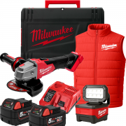 Coffret MILWAUKEE M18 FUEL - Meuleuse 125 mm, 2 batteries 5.0Ah, Chargeur rapide, Projecteur LED, Veste + Valise