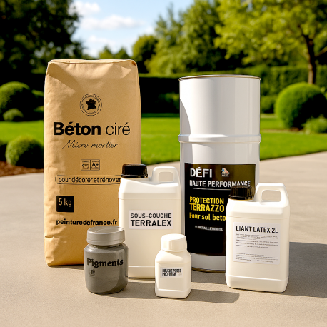 Kit complet béton ciré SOL EXTERIEUR 5 m² : primaire, poudre, résine latex, vernis de protection